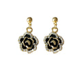 Gold Ball Post Black Enamel Camellia Drop Stud Earrings view 5