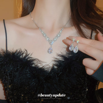 Silver Tone Round Crystal Cluster Necklace And Iridescent Teardrop Earrings