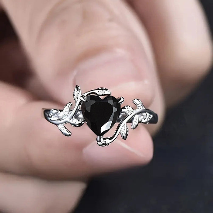 Black Heart Stone Vine Ring In Gold And Silver Tones