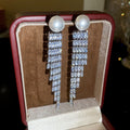 Long Crystal Fringe Pearl Stud Earrings With Silver-Tone Settings view 6