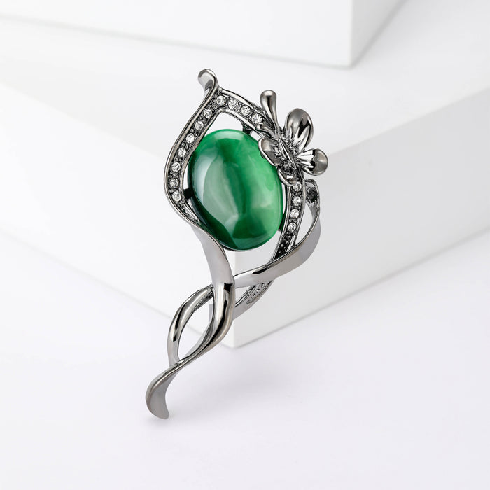 Green Oval Stone Floral Leaf Brooch Decorative Lapel Pin