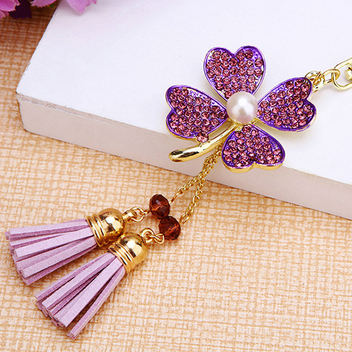 Jeweled Four-Leaf Clover Keychain with Twin Tassels and Gold Tone Ring