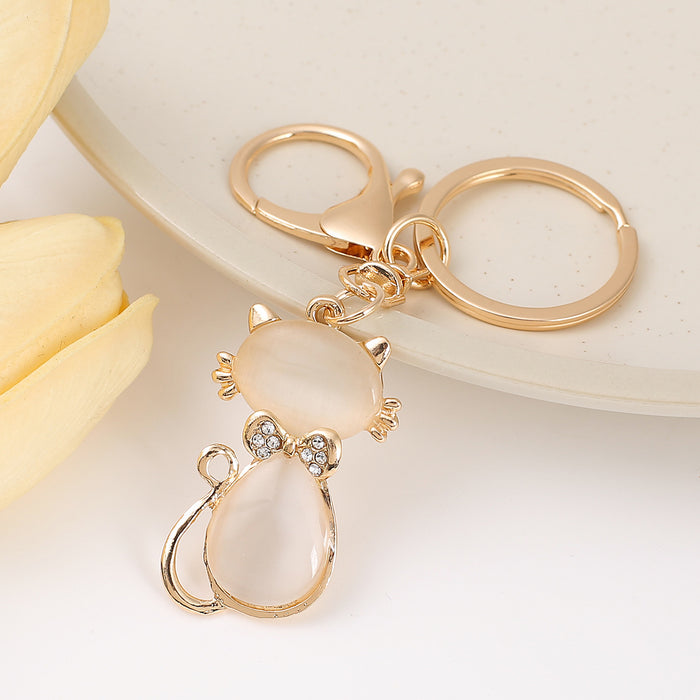 Gold Tone Cat Keychain Opal Stone and Rhinestone Charm