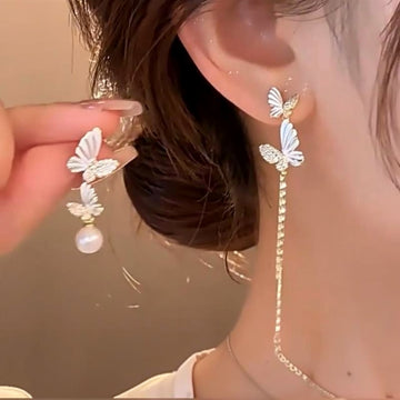 Asymmetric Butterfly Earrings with Pearl and Chain Drops