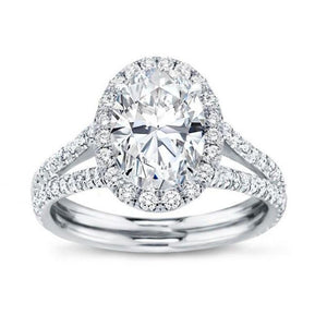 Silver Oval Halo Clear CZ Split Shank Pave Band Ring