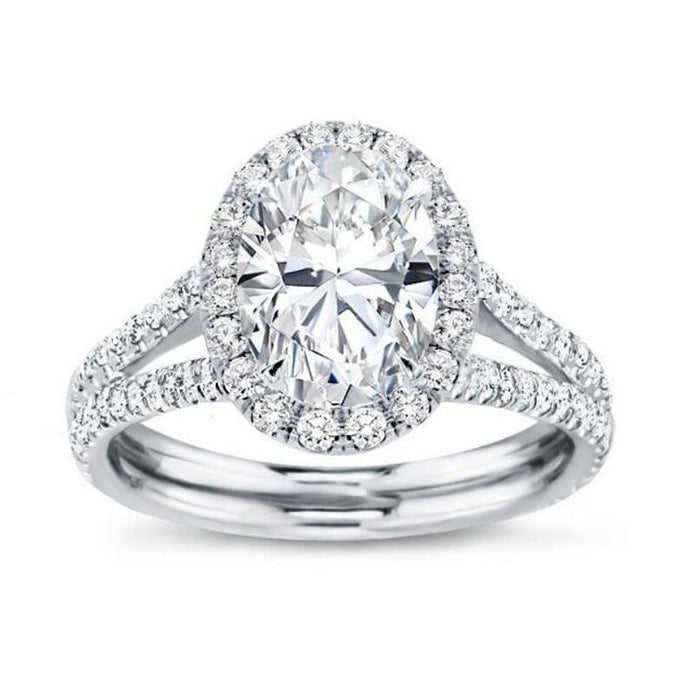 Silver Oval Halo Clear CZ Split Shank Pave Band Ring