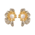 Two Tone Layered Petal Faux Pearl Floral Stud Earrings view 5