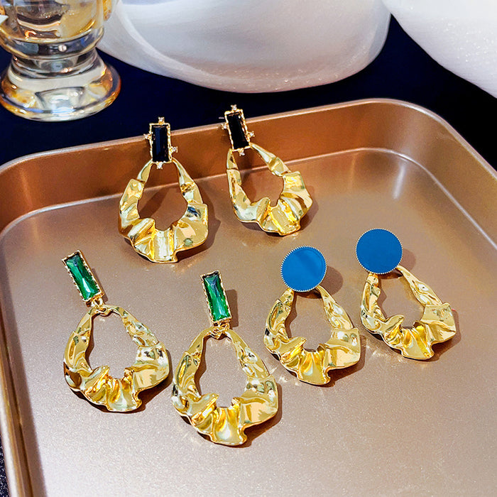 Green Baguette and Blue Round Hammered Gold Dangle Earrings