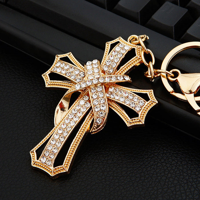 Jeweled Layered Cross Keychains in Gold Silver and Assorted Finish Options