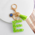 Green Glitter Letter Keychain with Evil Eye Charm and Suede Tassel view 7