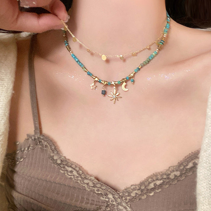Turquoise Gold Star Moon Layered Disc Charm Necklace