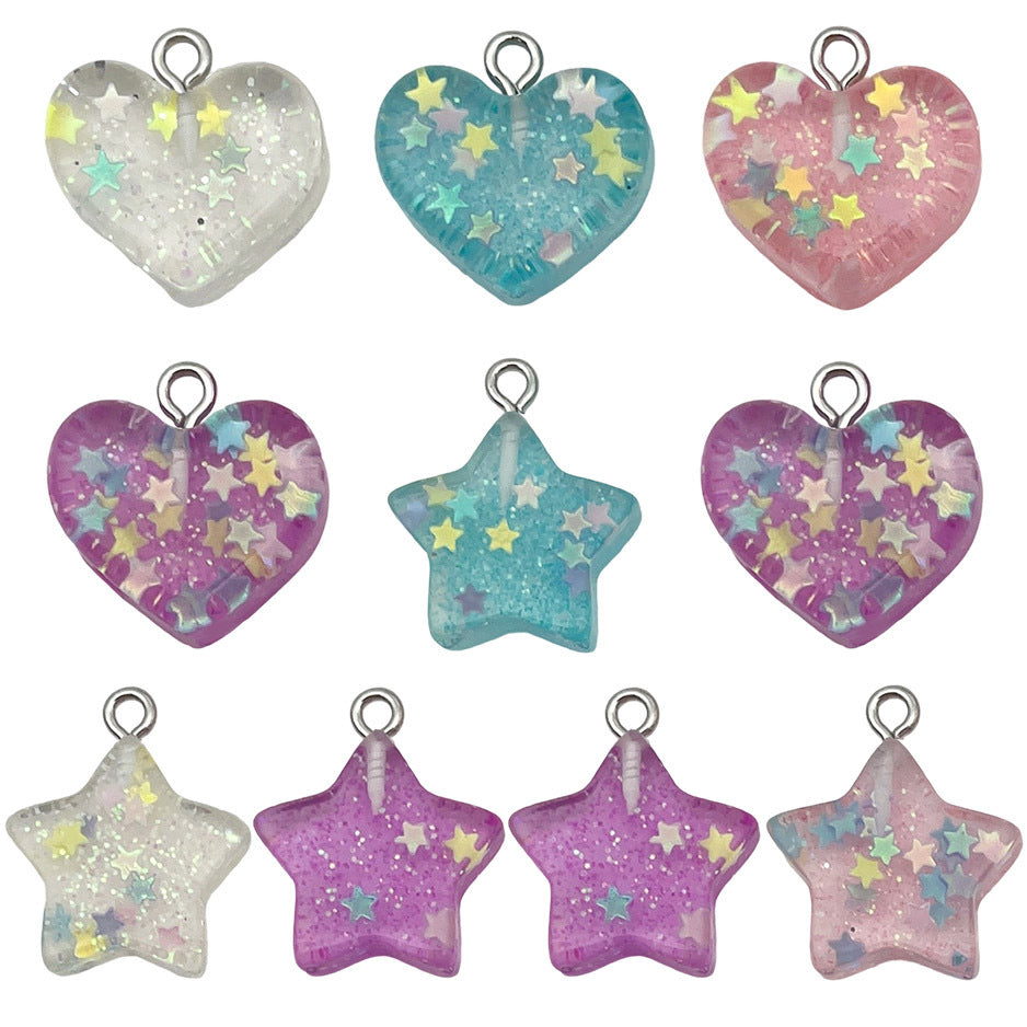 Resin Transparent Glitter Heart Five Point Star Charm Pendants for DIY Phone Strap Jewelry