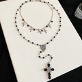 Black Beaded Cross Pendant Necklace With Layered Drop Chains view 6