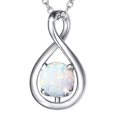 Front view of infinity drop pendant with an opalescent round center