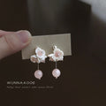 Silver Tone White Flower And Pink Round Stone Drop Stud Earrings view 3