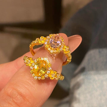 Gold Oval CZ Halo Open Ring Yellow Side Accent Stones