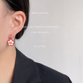 Asymmetric Red Enamel Fu Flower Rabbit Drop Stud Earrings view 3