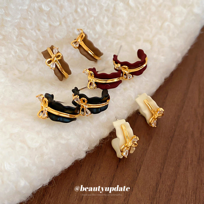 Gold Tone Bow Wide Hoop Earrings in Three Enamel Colors