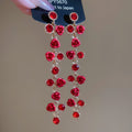 Red Crystal Flower Long Linear Drop Stud Earrings Statement Pair view 6