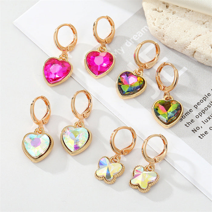 Gold Tone Faceted Crystal Butterfly and Heart Huggie Earrings