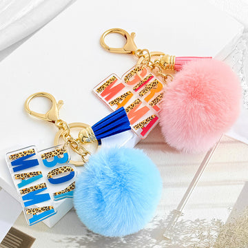 Girl And Boy Mama Acrylic Charm Pom Pom Tassel Keychain