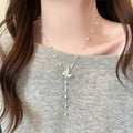 Silver Tone Butterfly Y Necklace with Pearl Accents view 3