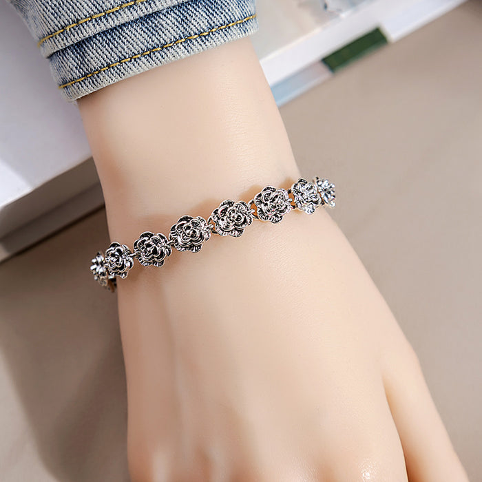 Antique Silver Sculpted Rose Link Floral Chain Bracelet