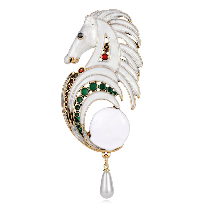 Horse Head Enamel Pearl Look Metal Brooch Pin for Jackets and Lapels