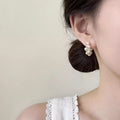Faux Pearl Crescent Hoop Earrings In Silver Tone Metal view 4