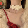 Crocheted Triple Flower Choker Necklaces in Red and Ivory view 1