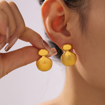 Seashell Drop Stud Earrings Gold And Steel Polished Metal