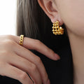 Hollow Ball Lattice C-Shaped Stud Earrings Gold Steel view 4