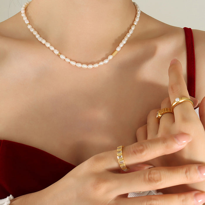 White Freshwater Pearl Necklace Gold Tube Bead Accents