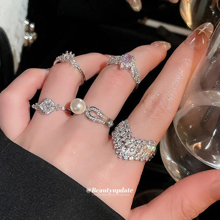 Silver Open Rings Pearl Baguette Halo And Crystal Designs
