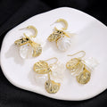 White Petal Gold Leaf Hoop and Hook Dangle Earrings view 1