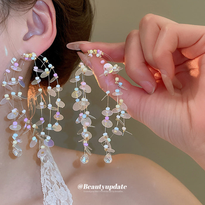 Multicolor Beaded Cascade Stud Earrings with Iridescent Drops