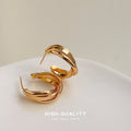 Gold Twisted C Hoop Earrings Triple Band Post Back view 3
