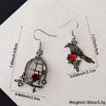 Asymmetrical Raven and Rose Birdcage Drop Earrings in Blackened Metal view 4