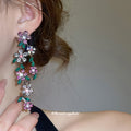 Multicolor Crystal Flower Vine Drop Earrings With Leaf Details view 3