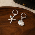 Mismatched Starfish and Scallop Shell Silver Huggie Earrings view 2