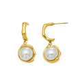 Gold Irregular C-Shape Stud Pearl Drop Earrings Pair view 5
