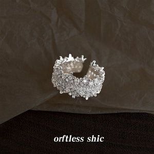 Silver-Tone Adjustable Open Ring with Clear Stone Floral Edges