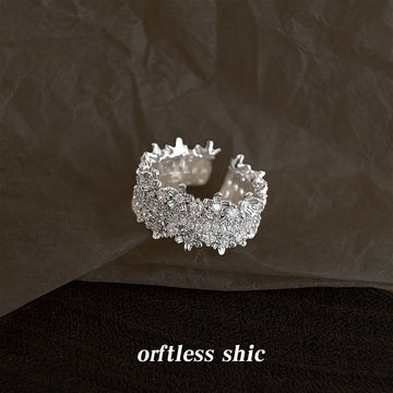 Silver Tone Clear Stone Floral Edge Wide Open Ring For Women