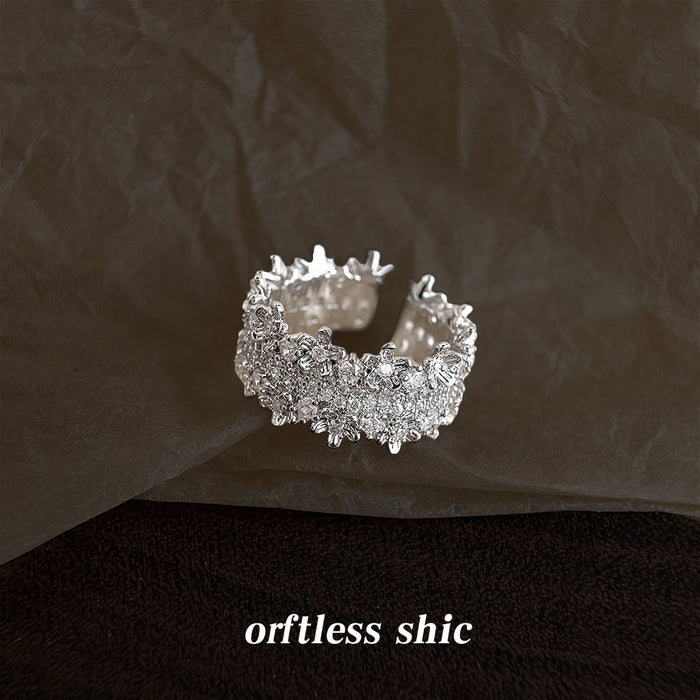 Silver Tone Clear Stone Floral Edge Wide Open Ring For Women