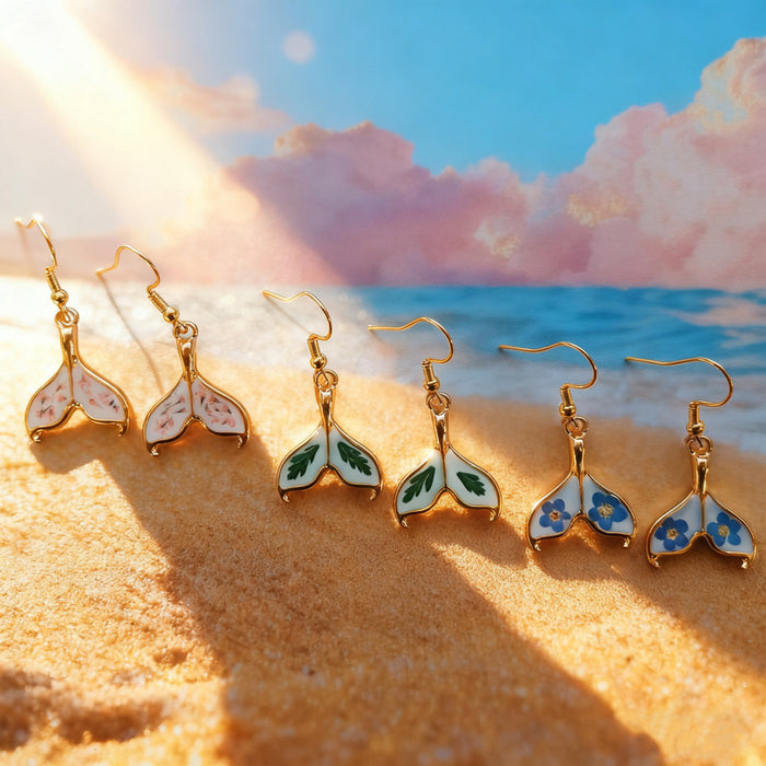 Mermaid Tail Dried Flower Earrings Gold Hooks Three Styles