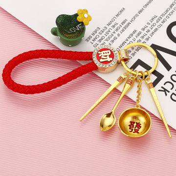Golden Rice Bowl, Chopsticks and Spoon Keychains with Braided Loops