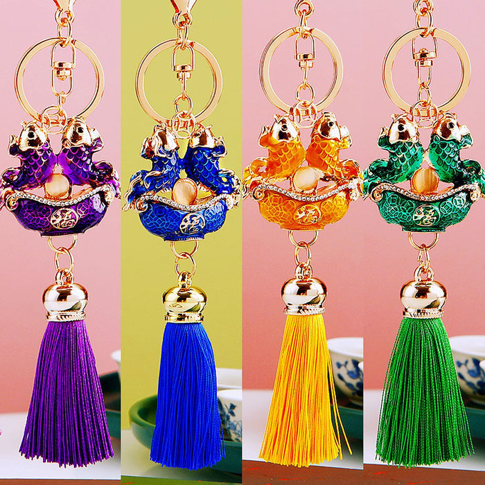 Double Fish Fortune Basin Tassel Keychains in Five Bright Colors
