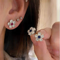 Silver Tone Crystal Flower Stud Earrings In Blue And Pink view 3