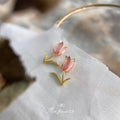 Gold Tone Pink Tulip And Green Stem Stud Earrings For Women view 1
