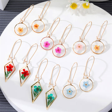 Gold Tone Clear Resin Pressed Flower Long Wire Earrings